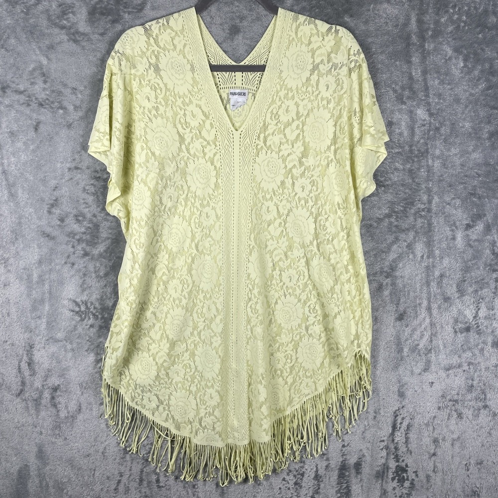 Pain de Sucre Swim Cover Up Womens OS Yellow Floral Perforated Fringe Boho Beach